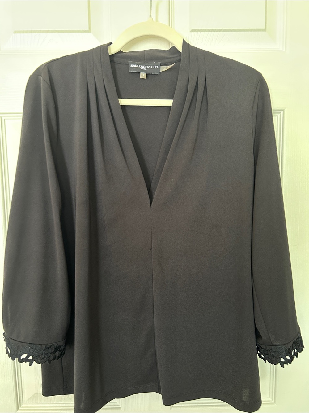 Karl Lagerfeld Black Draped V-Neck Tunic with Lace Cuffs
